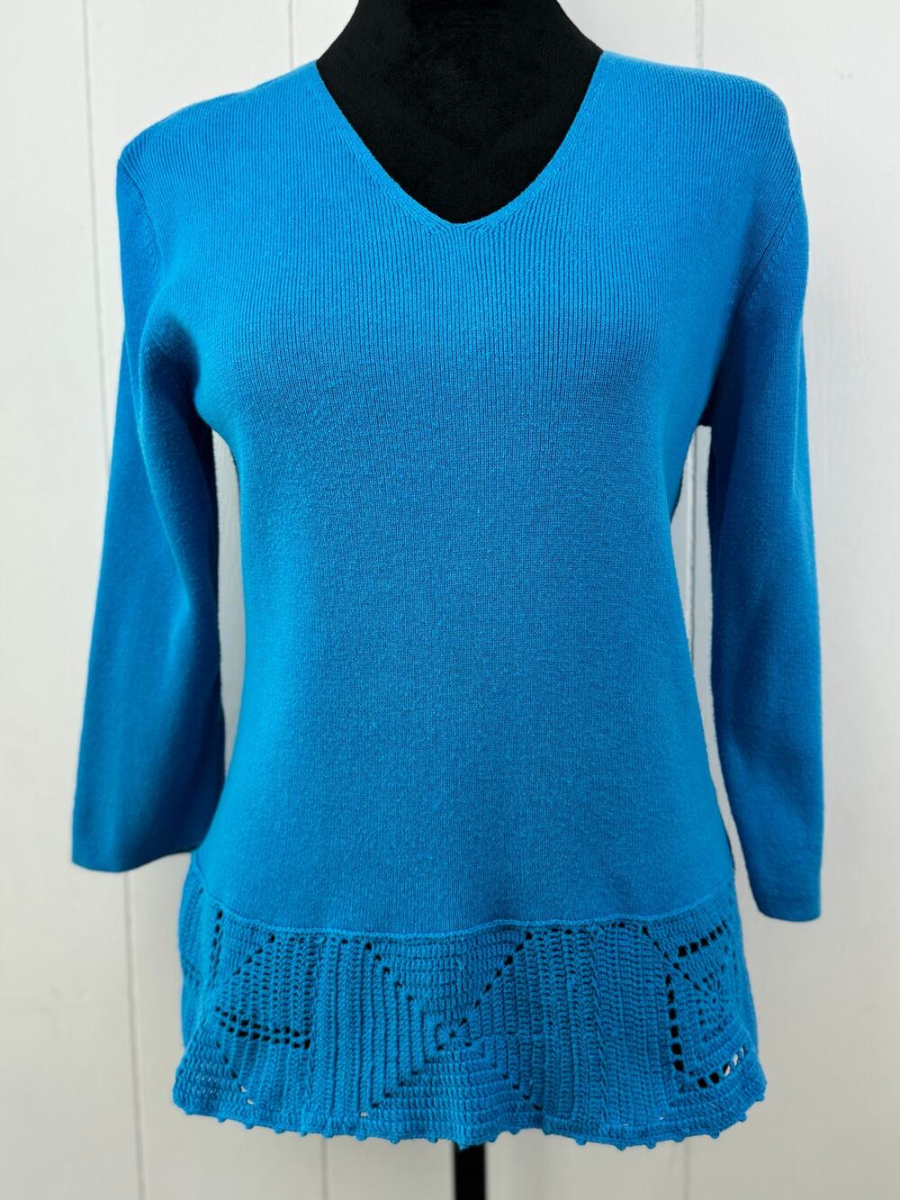Women's Vintage Pierre Cardin Blue Sweater with Crochet Trim, Size L